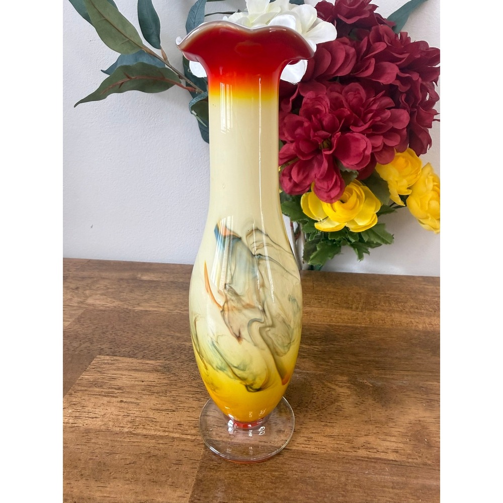 Vintage Art Glass Vase Red‎ Amber Yellow Swirl Hand Blown Mid Century Decor MCM